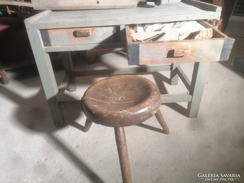 Antique shoemaker's heirloom: work table, carved cobbler's chair, awl, hand tools, wooden nails, wax...