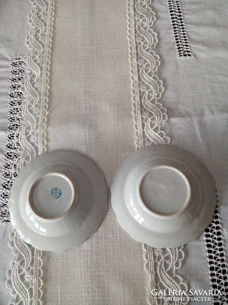 2 blue and white porcelain bowls and teacup bottoms - pagoda pattern and cow knife