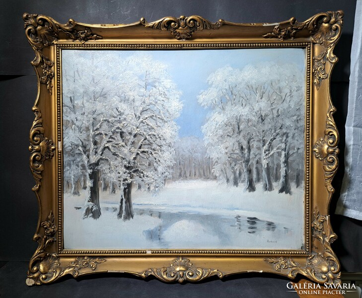 Winter landscape with a stream and trees - an oil painting by Jenő Markovich, including a frame! - Snowy forest landscape