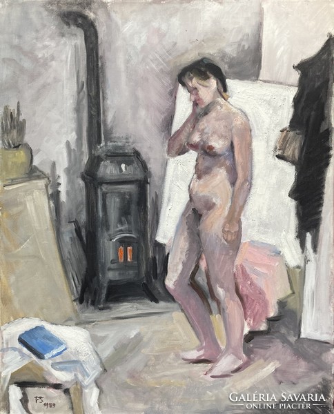 Nude in the studio, with a stove - oil painting