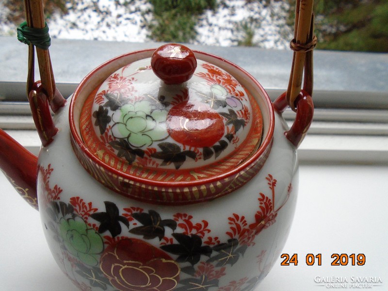 Kutani hand painted peonies, bird teapot, golden iron red sign