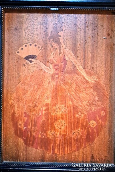 Szecessziós fa intarzia kép. Eredeti antik keretével