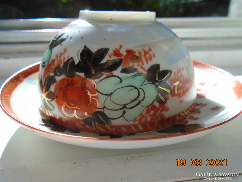 Kutani Hand Painted Peony Rose Bird Eggshell Porcelain Tea Set with Golden Iron Red Marking