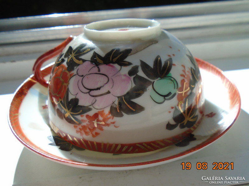 Kutani Hand Painted Peony Rose Bird Eggshell Porcelain Tea Set with Golden Iron Red Marking