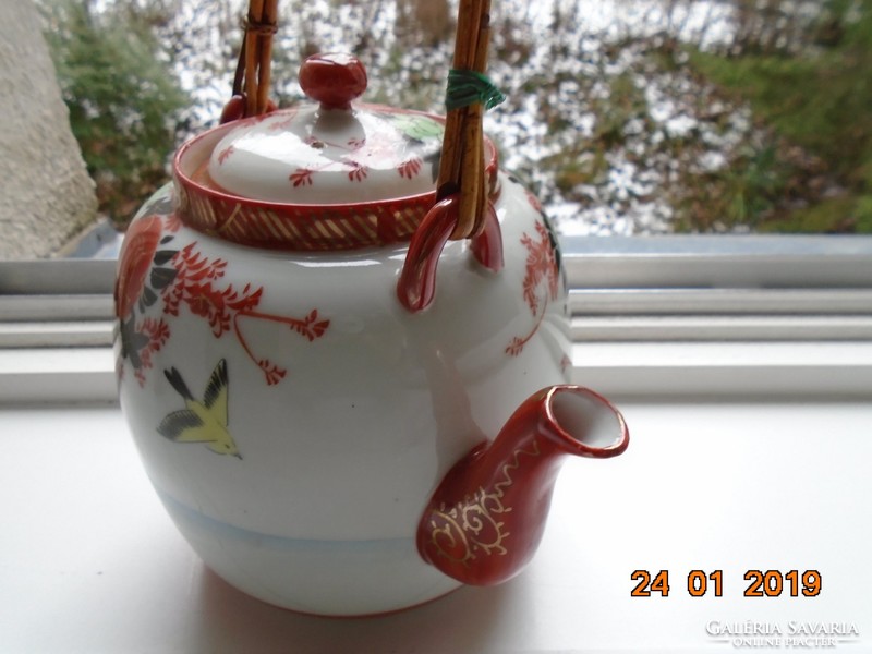 Kutani hand painted peonies, bird teapot, golden iron red sign