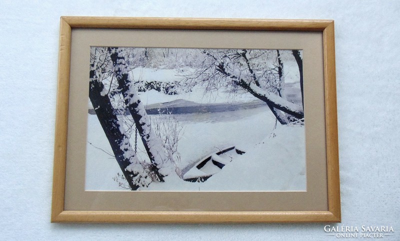 Retro artistic photo in original frame - winter riverside with boats