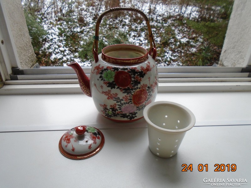 Kutani hand painted peonies, bird teapot, golden iron red sign