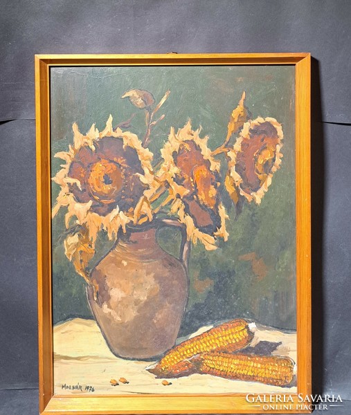 Still life with sunflowers and corn (oil, wood fiber, with frame 59x44 cm) marked miller 1976