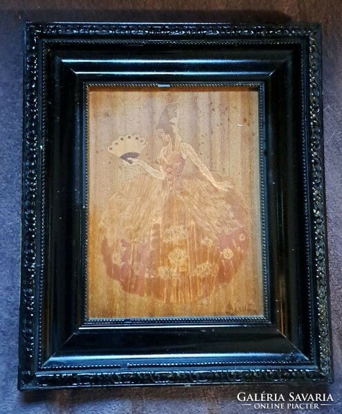 Art Nouveau wood marquetry image. With its original antique frame