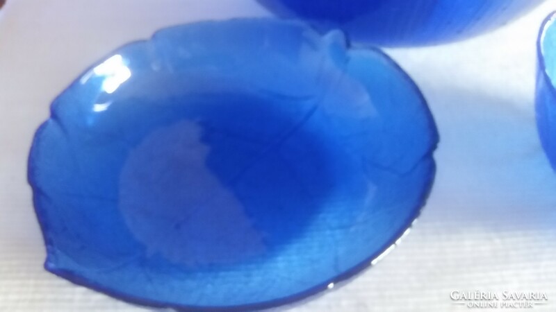 Francia kék üveg 3 részes virág és falevél formájú tálaló