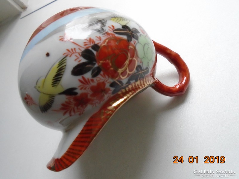 Kutani hand-painted pouring peony, bird, geisha, iron red gold mark