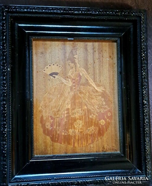 Art Nouveau wood marquetry image. With its original antique frame