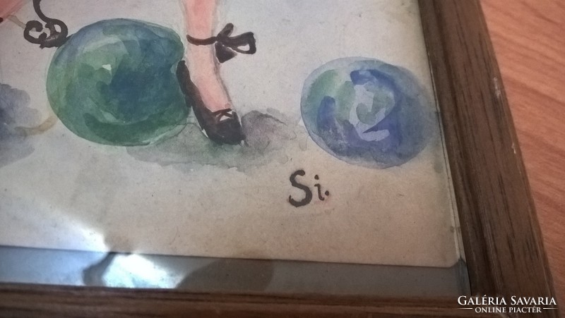 (K) Bájos kis Akvarell, szignózott S I jelzéssel csomagautomatába is 15x20 cm kerettel