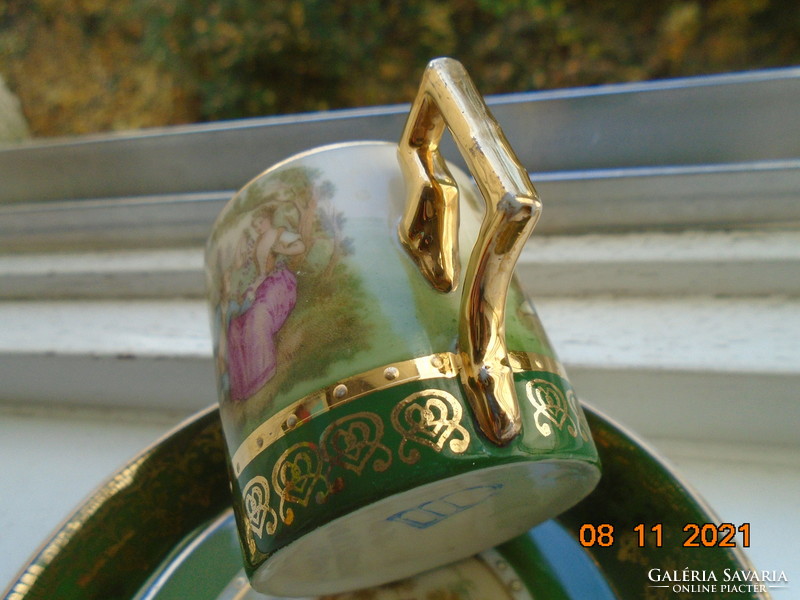Altwien Empire miniatűr festményszerű 3 zsánerjelenettel mokkás csésze alátéttel