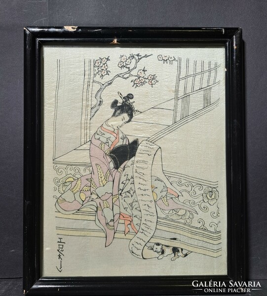 Japanese courtesan reading a letter (silk print) cherry tree, cat, Japanese culture, life picture
