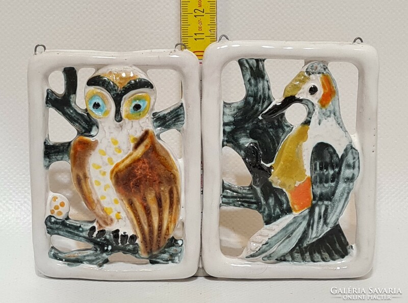 Owl and woodpecker, colorful glazed ceramic wall decoration with 