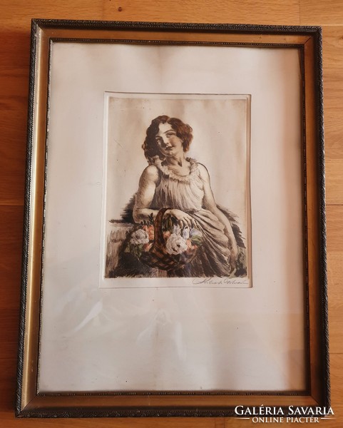 István Prihoda, marked, colored etching, in glazed frame