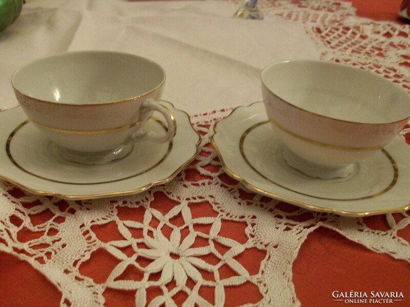 Porcelain coffee cup + saucer, with a beautiful gold stripe and border, on a snow-white background, Budapest mark.
