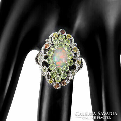 Wonderful Ethiopian noble opal ring with sapphires and peridot, clear!!! 7.5 Size