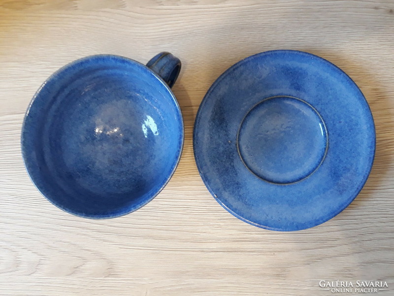 Large (5 dl) blue glazed ceramic mug with saucer