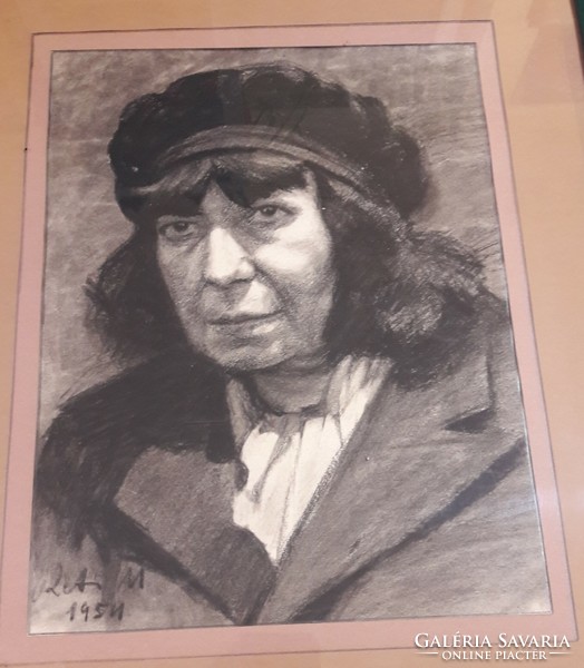 Matyás Réti woman in hat, portrait pencil drawing 1954