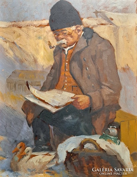 Reading uncle with a pipe (oil, cardboard) peasant uncle, village life