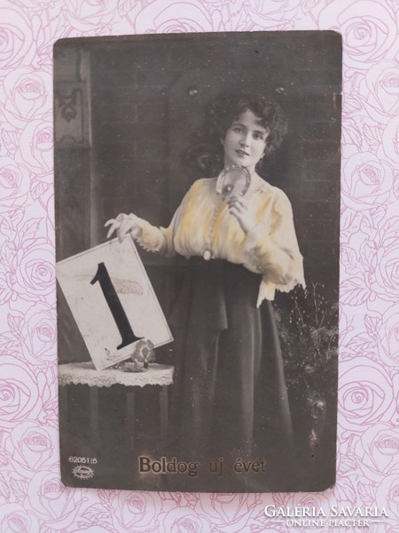 Régi újévi képeslap 1927 női fotó levelezőlap