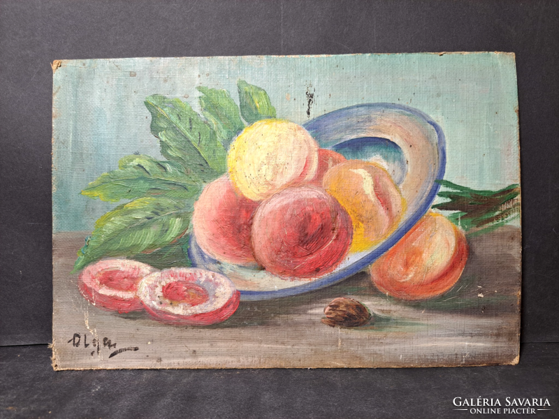 Barackok - Olga jelzéssel, olajfestmény (33x22 cm) gyümölcsös csendélet
