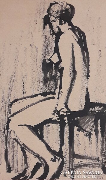 Mátyás Réti seated nude, ink drawing 1961 in blonde frame