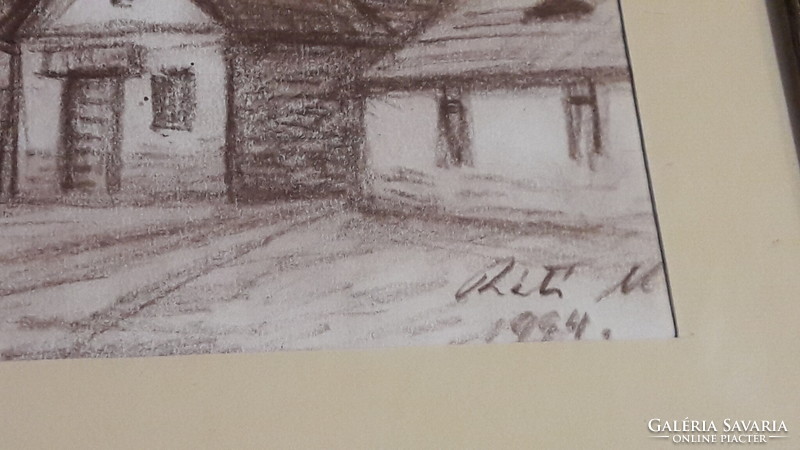 Street scene with Mátyás Réti's temple, pencil drawing in blonde frame, 1994