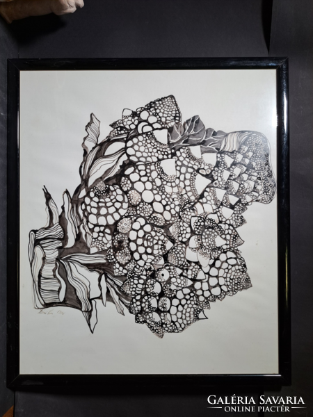 Hévizi Éva (1946-): Korall - lavírozott tus (mérete kerettel 60×51 cm) kortárs, modern alkotás
