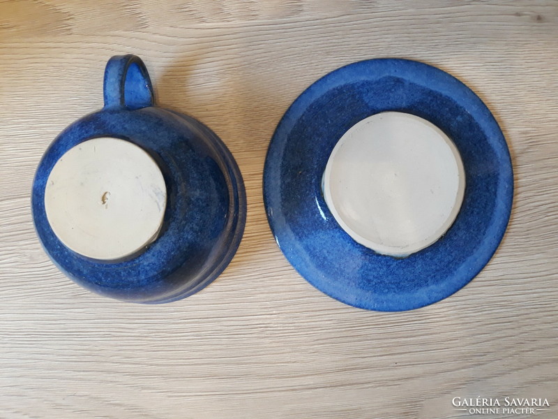 Large (5 dl) blue glazed ceramic mug with saucer