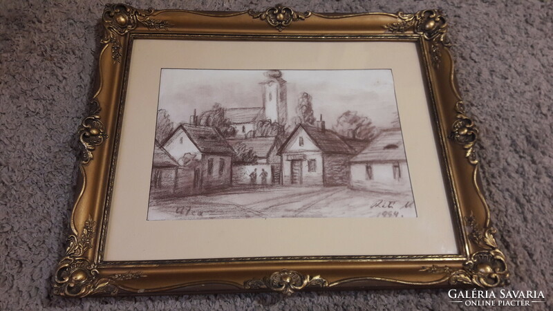 Street scene with Mátyás Réti's temple, pencil drawing in blonde frame, 1994