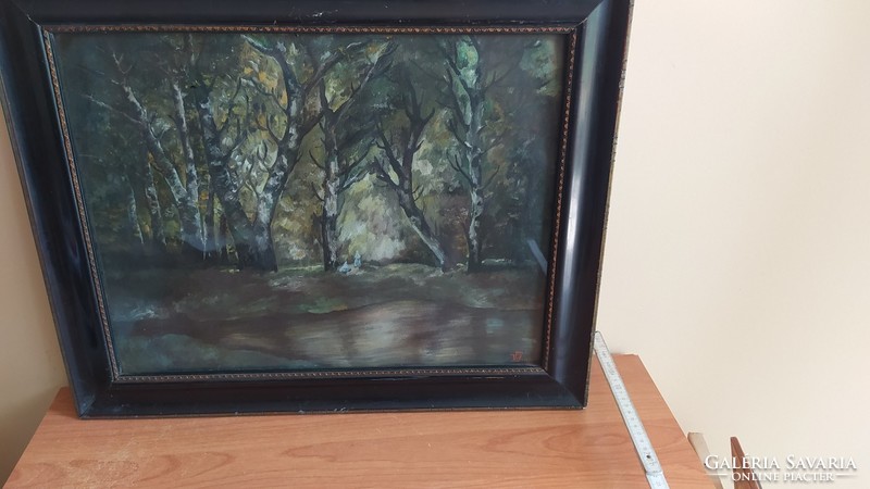 (K) forest interior painting with 2 tiny figures 55x45 cm frame signed!