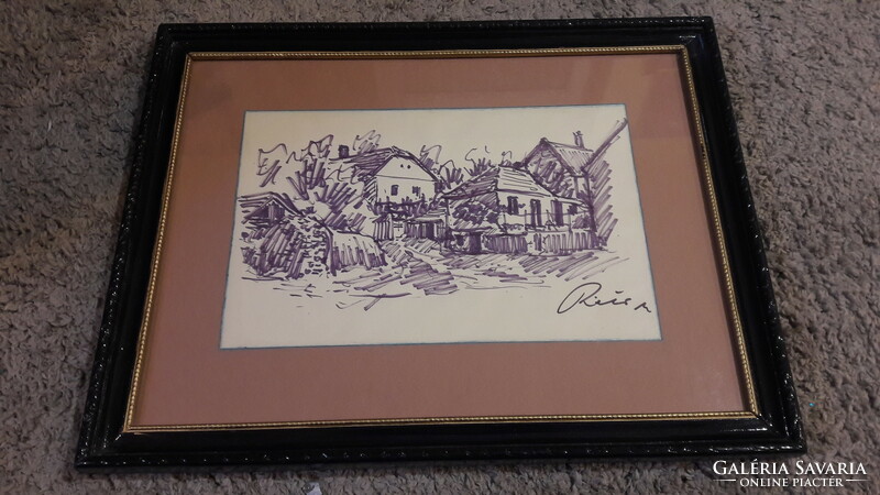 Matthias Réti street scene, framed ink drawing