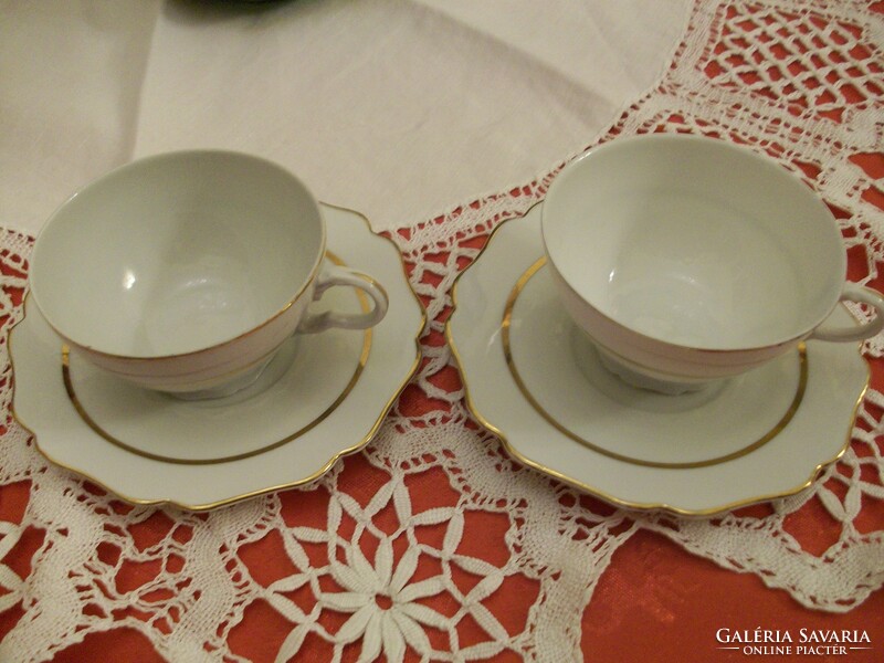 Porcelain coffee cup + saucer, with a beautiful gold stripe and border, on a snow-white background, Budapest mark.