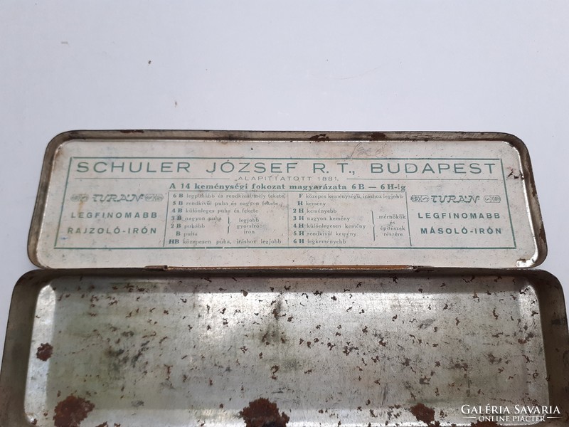 Régi fémdoboz Schuler József R.T. Budapest Turán írószer doboz