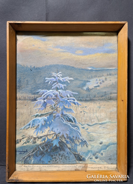 Téli hegyi táj havas fenyővel (akvarell, mérete kerettel 27x35 cm) Vágássy L. jelzéssel