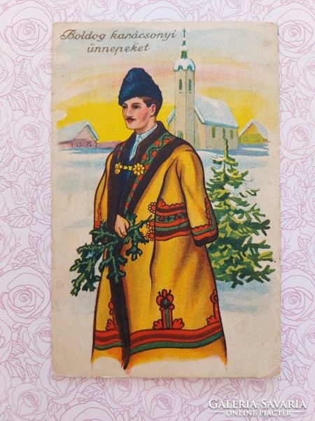 Old Christmas postcard postcard in traditional costume church
