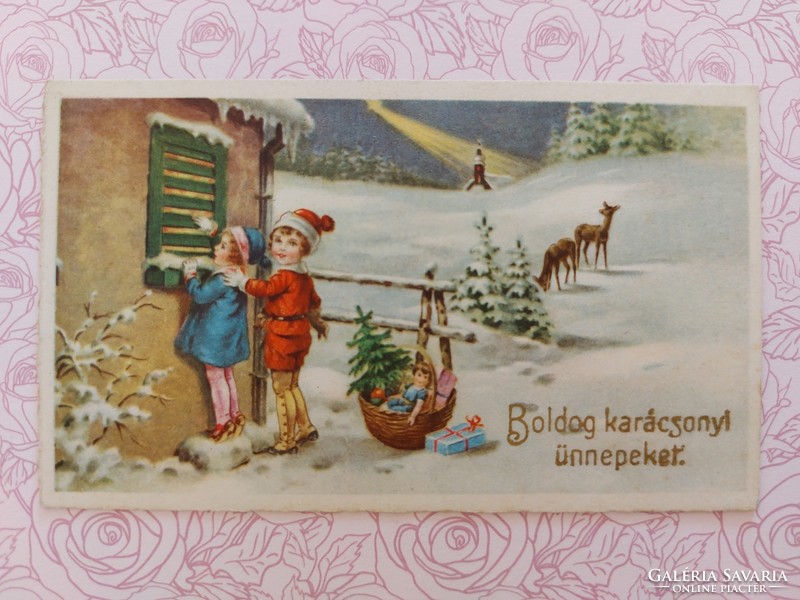 Régi mini karácsonyi képeslap 1941 üdvözlőkártya gyerekek őzike játékok