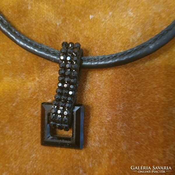 Swarovski necklace with leather strap and black crystal pendant
