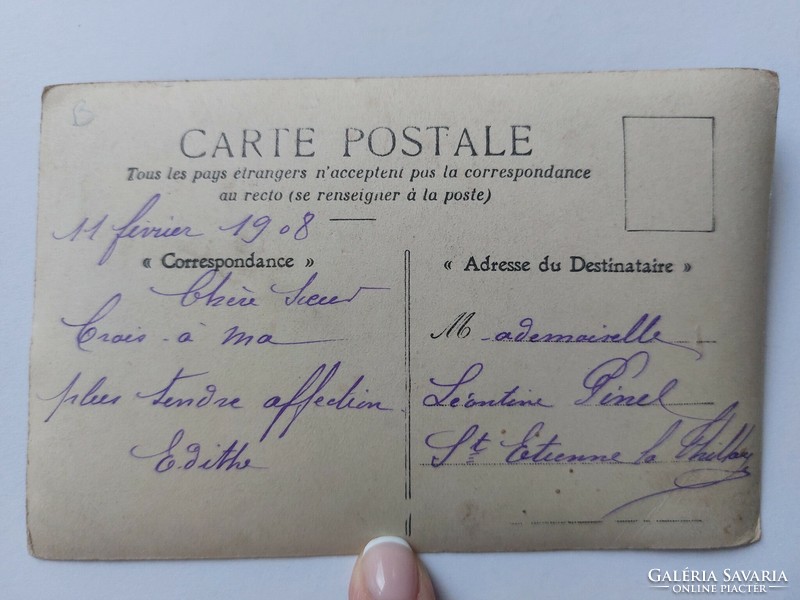 Régi képeslap 1908 francia katona hölgy fotó levelezőlap