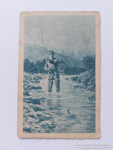 Old postcard fisherman soldier postcard