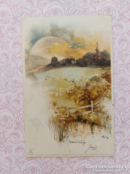 Old postcard 1899 postcard landscape with golden sun motif