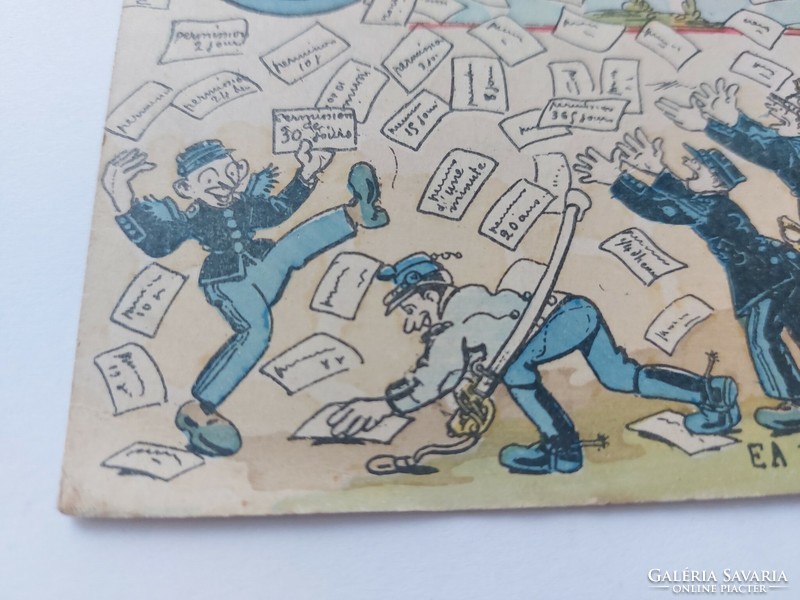 Régi karikatúra képeslap francia katonák rajzos levelezőlap