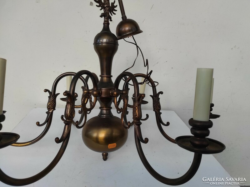 Antique 6-arm patinated copper Flemish chandelier + 6 new decorative candles and 6 bulbs 639