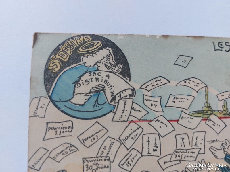 Régi karikatúra képeslap francia katonák rajzos levelezőlap