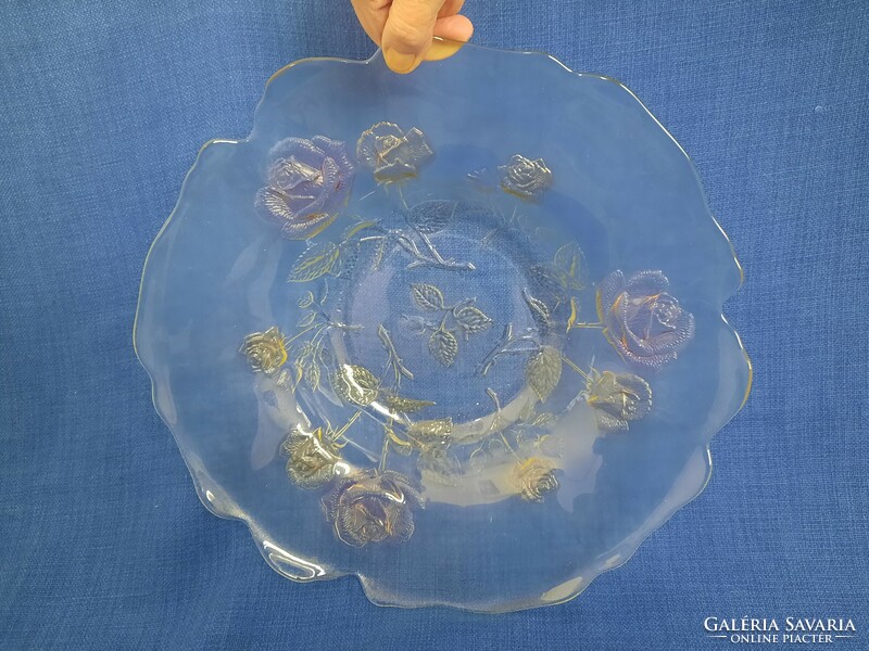 Francia rózsa mintás üveg kínáló tál, asztalközép