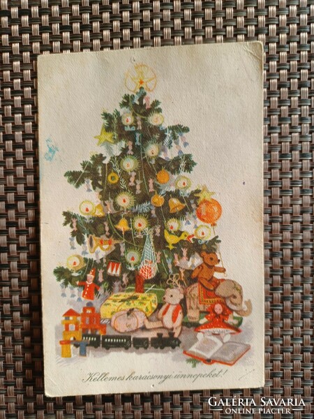 Régi karácsonyi képeslap- karácsonyfa, játékok