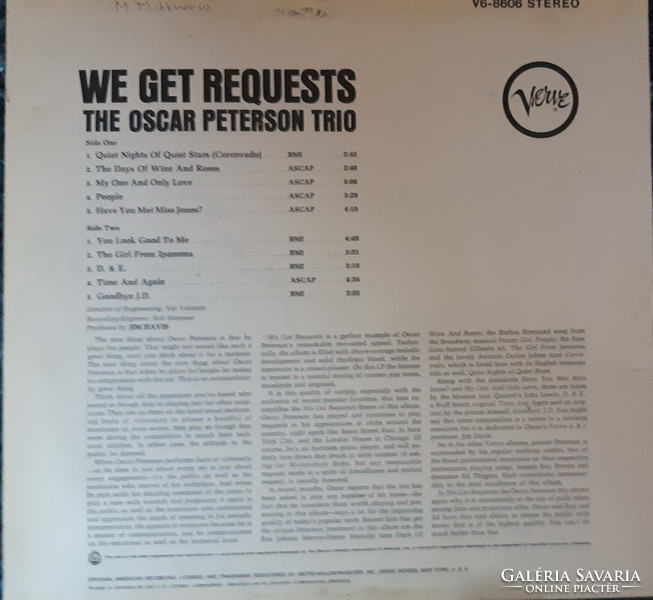 THE OSCAR PETERSON TRIO : WE GET REQUESTS  -  JAZZ  BAKELIT LEMEZ VINYL